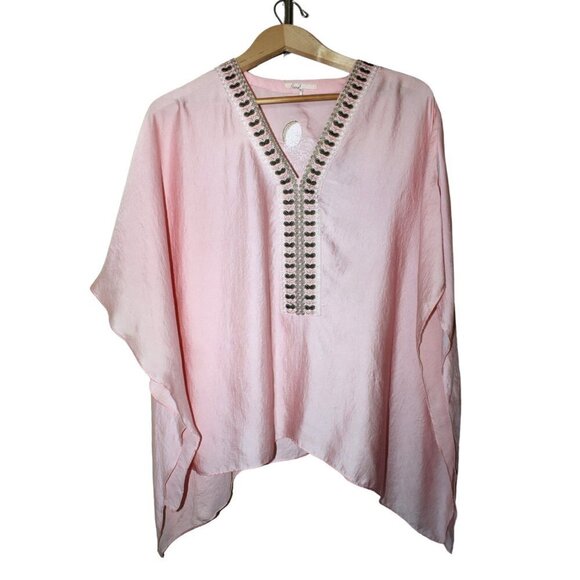 Anthropologie June Embroidered Floral & Cranes Pink Top One Size Flare Sleeves - Picture 13 of 14